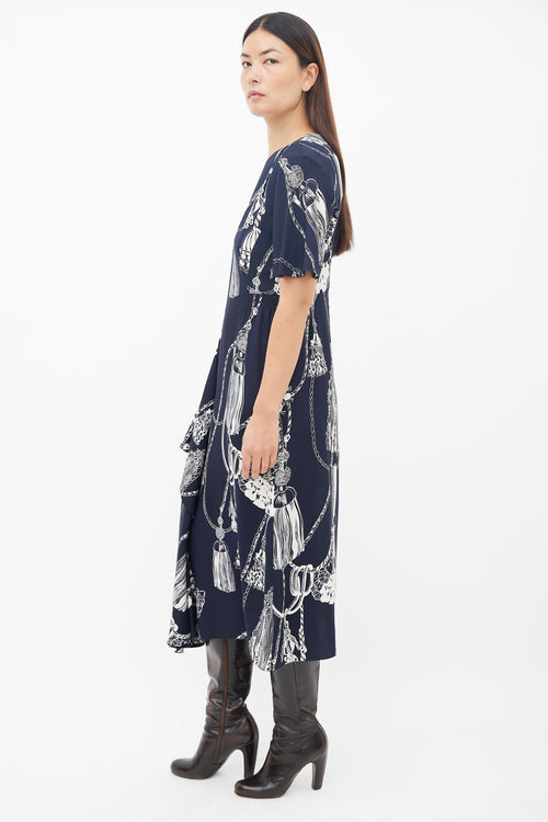 Hermès Navy 
Cream Silk Printed Ruffled Dress