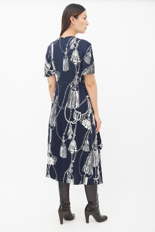 Hermès Navy 
Cream Silk Printed Ruffled Dress