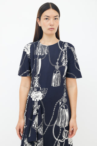 Hermès Navy 
Cream Silk Printed Ruffled Dress