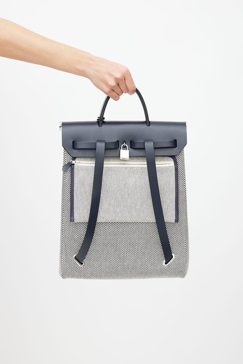 Hermès Navy 
White Canvas Herbag PM Leather Backpack