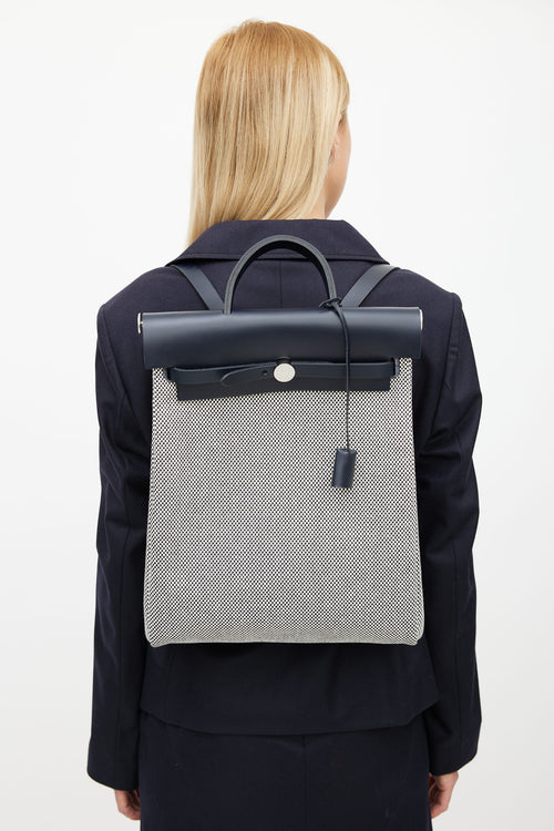 Hermès Navy 
White Canvas Herbag PM Leather Backpack