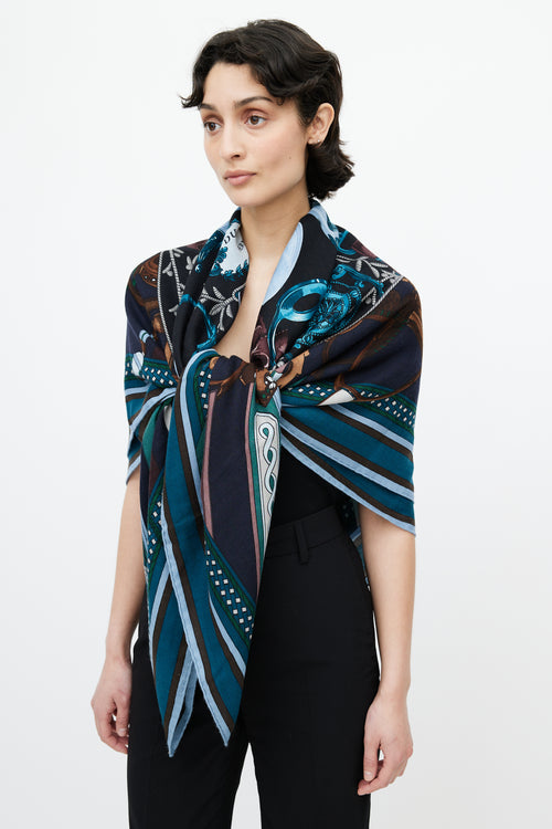 Hermès Navy Cashmere 
Silk Duo D
Étries 140 Print Shawl