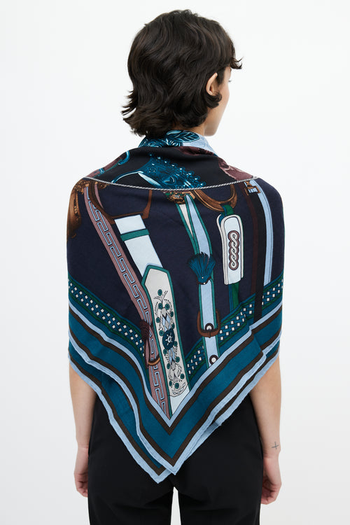 Hermès Navy Cashmere 
Silk Duo D
Étries 140 Print Shawl