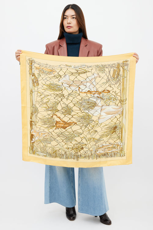 Hermès Yellow, Green 
Beige Silk Grand Vent Scarf