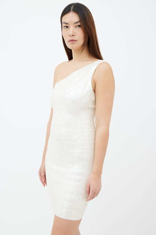 Hervé Léger Cream Pauline Sequined One Shoulder Bandage Mini Dress