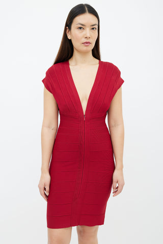 Hervé Léger Red Bandage Front Zip Midi Dress