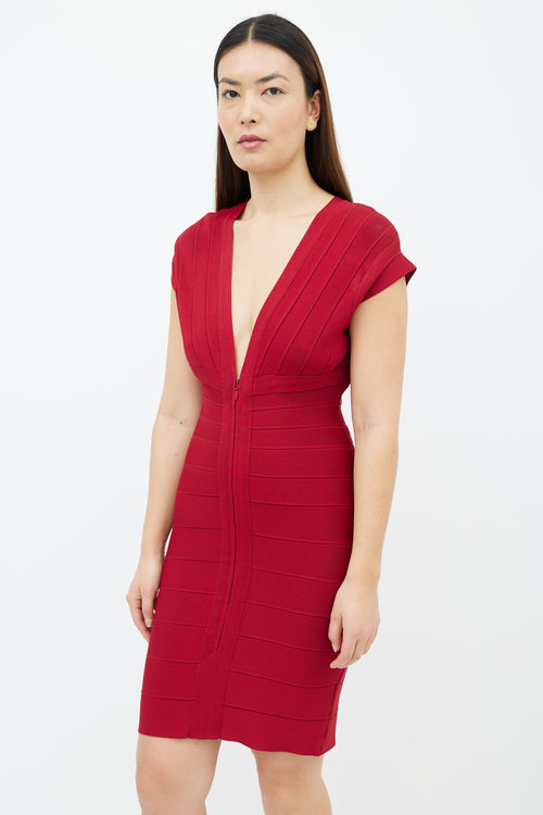 Hervé Léger Red Bandage Front Zip Midi Dress