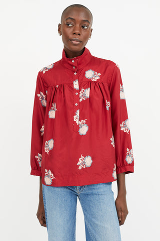 Horses Atelier Red Multicolour Floral Silk Blouse