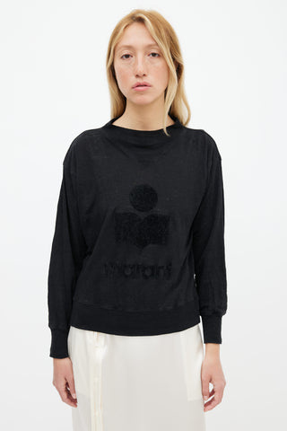 Isabel Marant Étoile Black Linen Kilsen Logo Long Sleeve Top