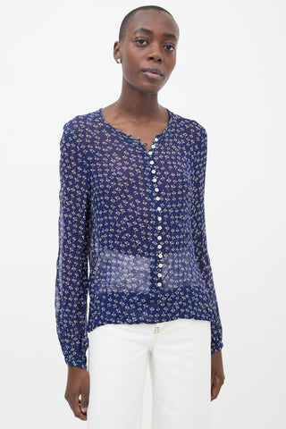 Isabel Marant Étoile Navy 
White Floral Print Sheer Blouse