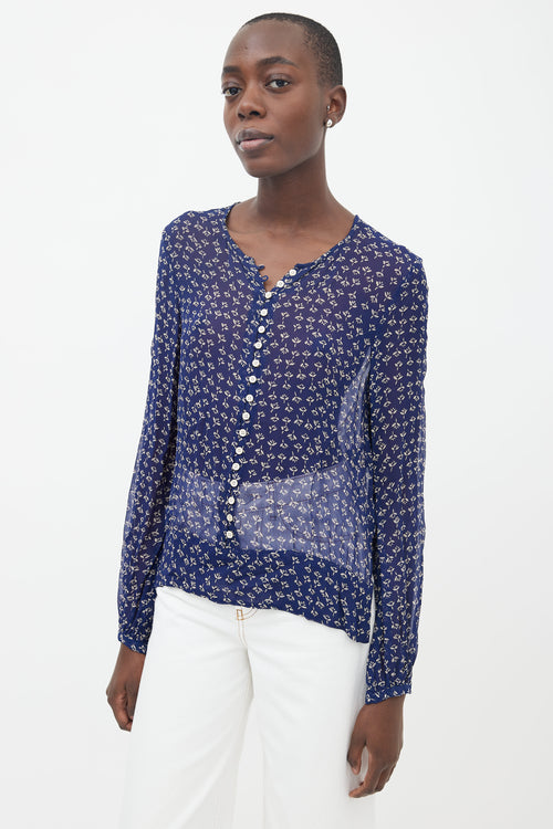 Isabel Marant Étoile Navy 
White Floral Print Sheer Blouse