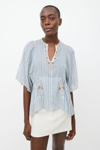 Isabel Marant Étoile White 
Blue Striped Embroidered Blouse