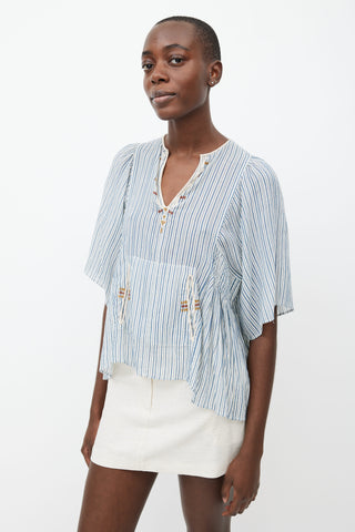 Isabel Marant Étoile White 
Blue Striped Embroidered Blouse