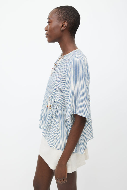 Isabel Marant Étoile White 
Blue Striped Embroidered Blouse