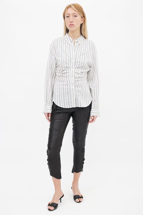 Isabel Marant White 
Blue Silk Stripe Ruched Shirt