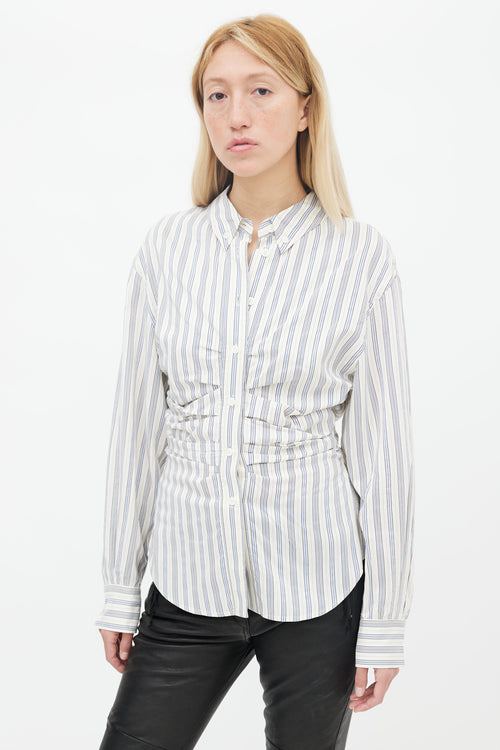 Isabel Marant White 
Blue Silk Stripe Ruched Shirt