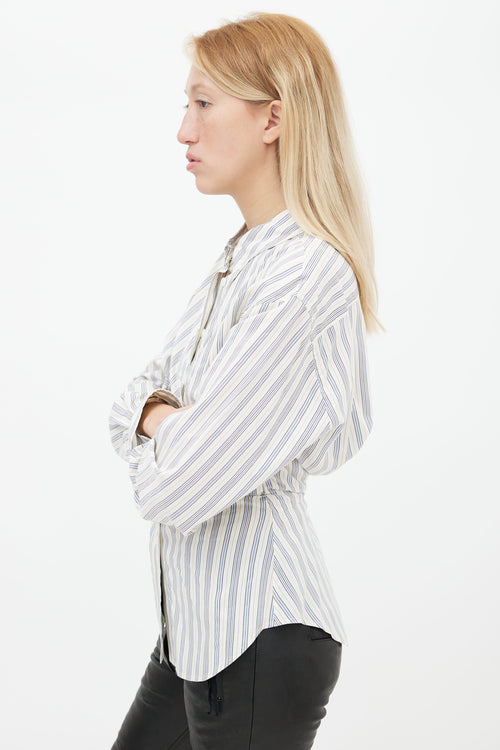 Isabel Marant White 
Blue Silk Stripe Ruched Shirt