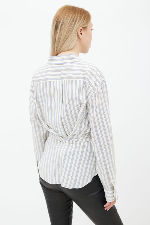 Isabel Marant White 
Blue Silk Stripe Ruched Shirt