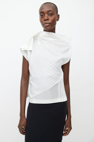 Issey Miyake White Pleated Asymmetrical  Blouse