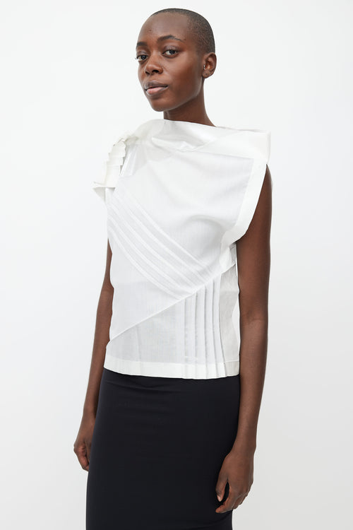 Issey Miyake White Pleated Asymmetrical  Blouse