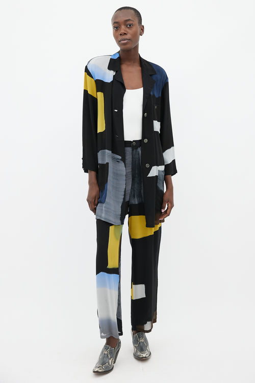 Issey Miyake Black, Blue 
Yellow Silk Shirt 
Trouser Co-Ord Set