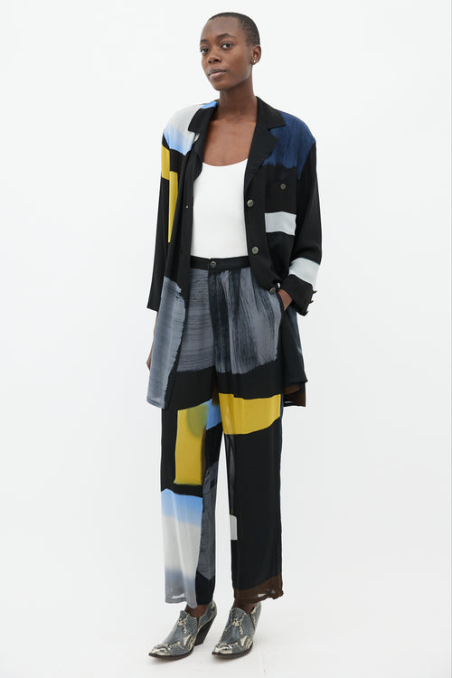 Issey Miyake Black, Blue 
Yellow Silk Shirt 
Trouser Co-Ord Set