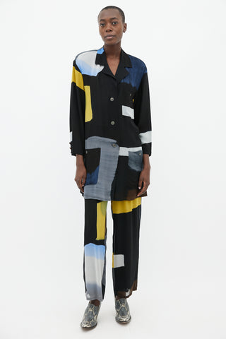 Issey Miyake Black, Blue 
Yellow Silk Shirt 
Trouser Co-Ord Set