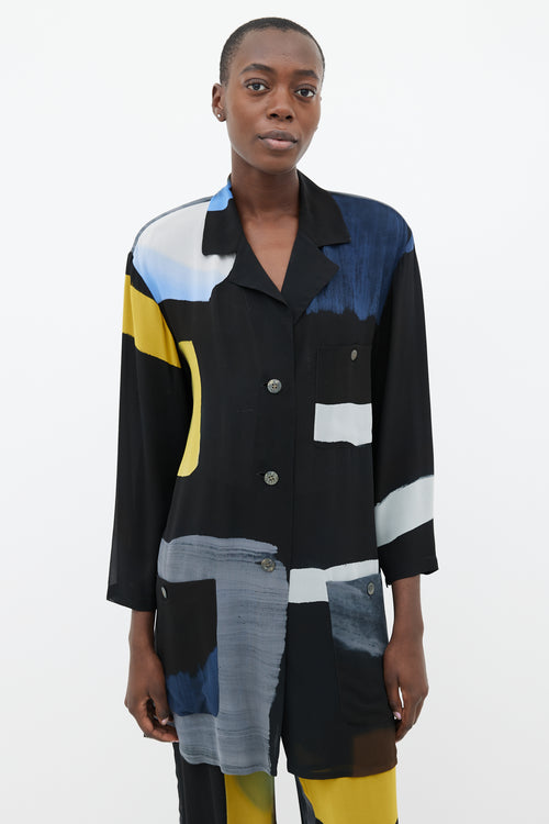 Issey Miyake Black, Blue 
Yellow Silk Shirt 
Trouser Co-Ord Set