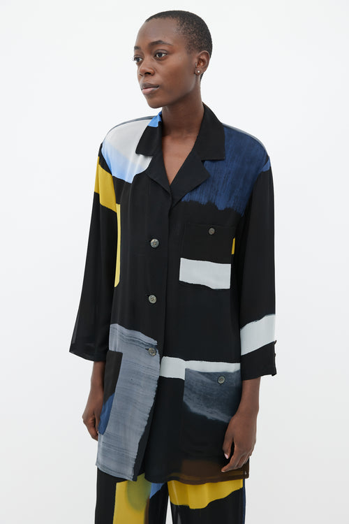 Issey Miyake Black, Blue 
Yellow Silk Shirt 
Trouser Co-Ord Set