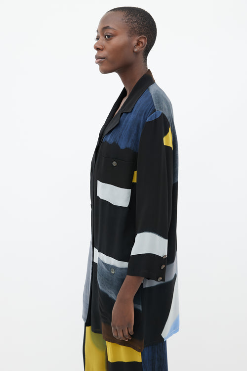 Issey Miyake Black, Blue 
Yellow Silk Shirt 
Trouser Co-Ord Set