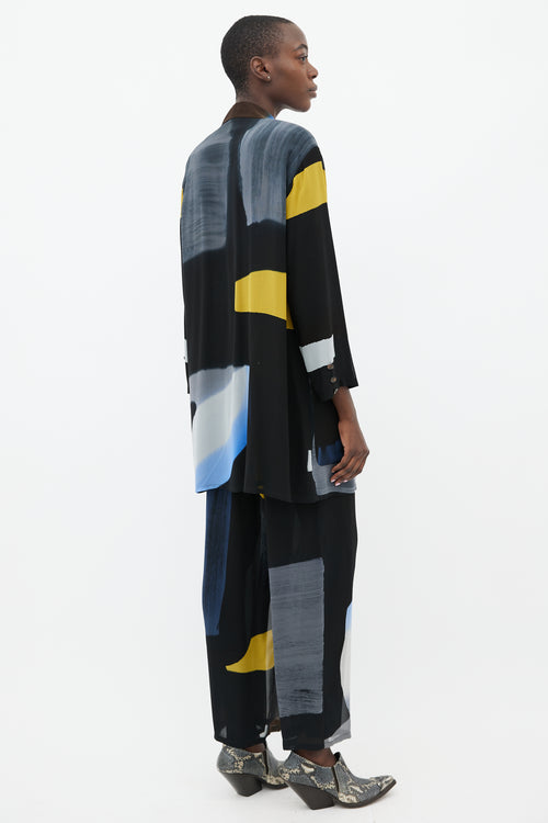 Issey Miyake Black, Blue 
Yellow Silk Shirt 
Trouser Co-Ord Set