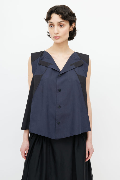 Issey Miyake Navy 
Black Pleated Geometric Top