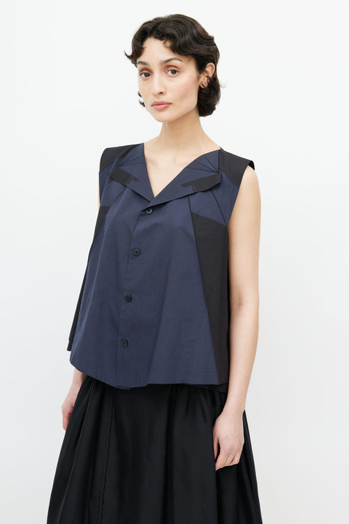 Issey Miyake Navy 
Black Pleated Geometric Top