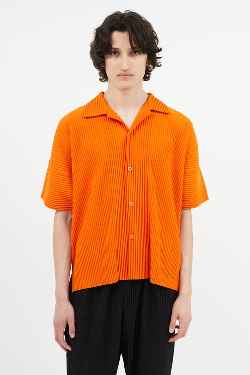 Issey Miyake Orange Pleated Short Sleeve Shirt