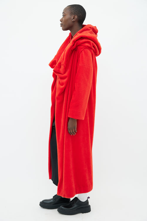 Issey Miyake Red High Shawl Collar Long Coat