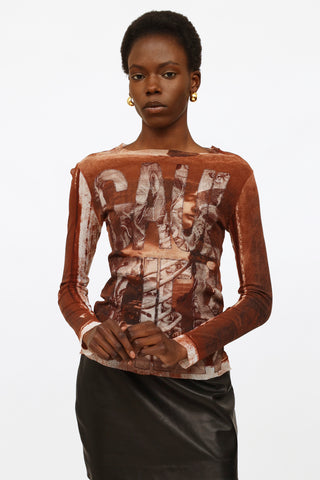 Jean Paul Gaultier Brown Mesh Graphic Top