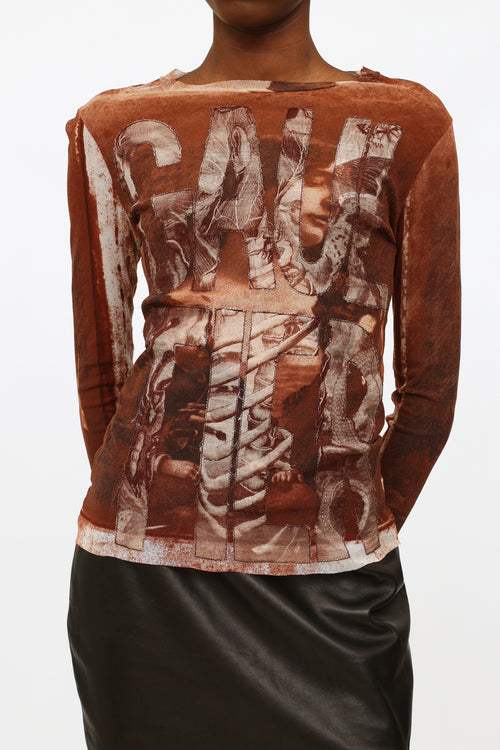 Jean Paul Gaultier Brown Mesh Graphic Top