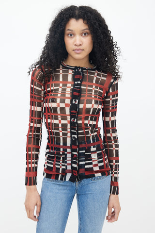 Jean Paul Gaultier Black 
Burgundy Check Print Mesh Top