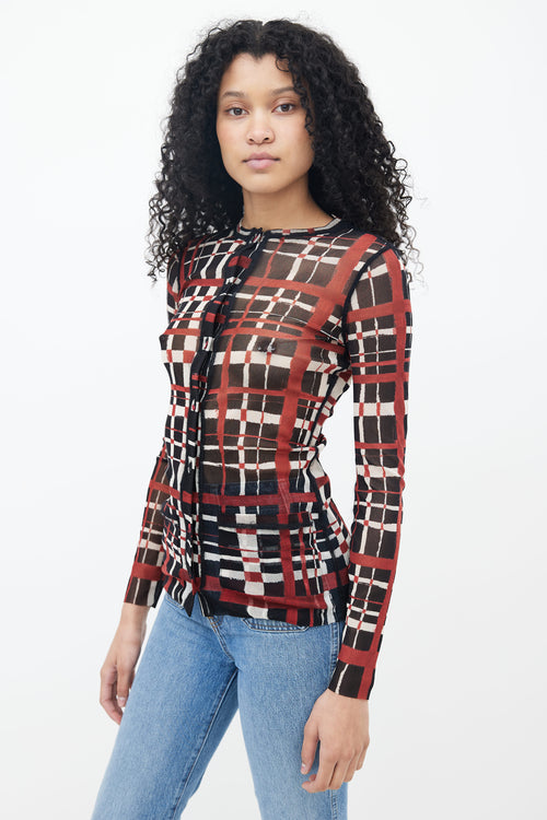 Jean Paul Gaultier Black 
Burgundy Check Print Mesh Top