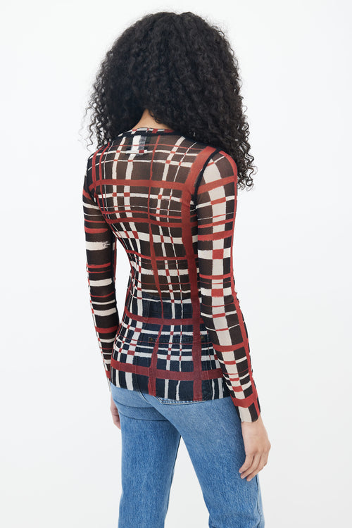 Jean Paul Gaultier Black 
Burgundy Check Print Mesh Top