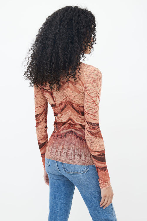 Jean Paul Gaultier Brown Sweater Trompe L
oeil Print Mesh Top