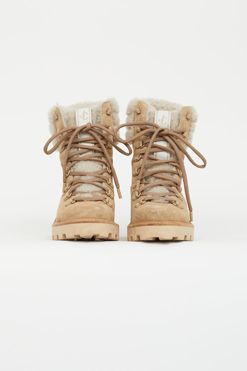 Jimmy Choo Brown Suede 
Shearling Eshe 65 Hiking Boot