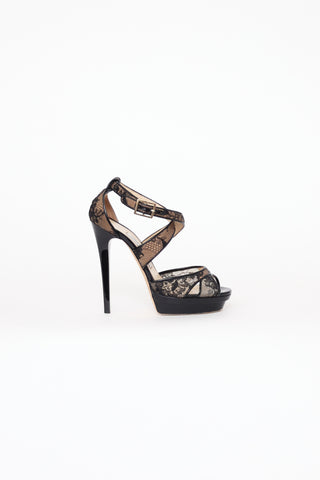 Jimmy Choo Beige 
Black Lace Strappy Heels