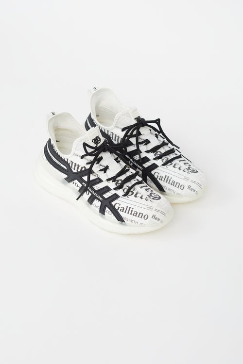 John Galliano White 
Black Newspaper Print Knit Sneaker