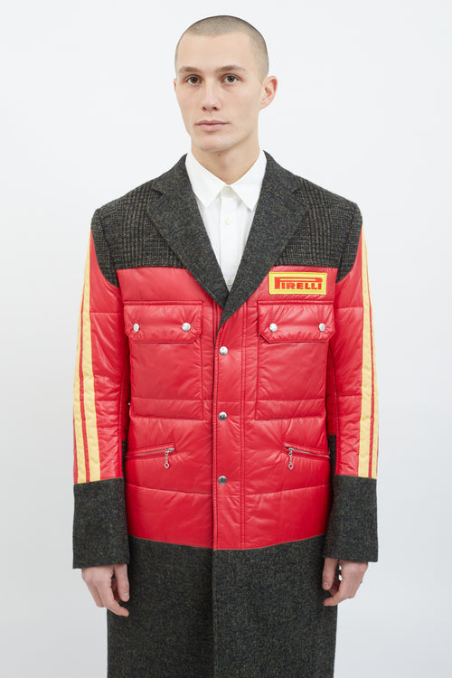 Junya Watanabe Grey Wool 
Red Yellow Puffer Coat