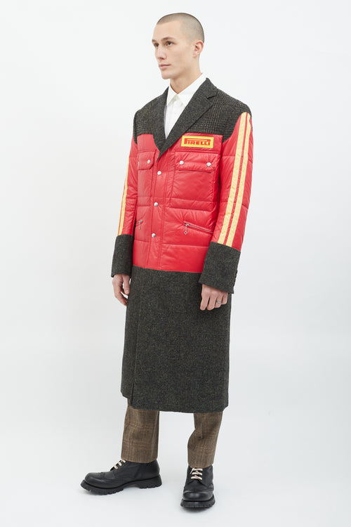 Junya Watanabe Grey Wool 
Red Yellow Puffer Coat