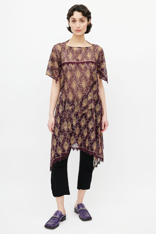 Junya Watanabe Burgundy 
Yellow Lace Embroidery Dress