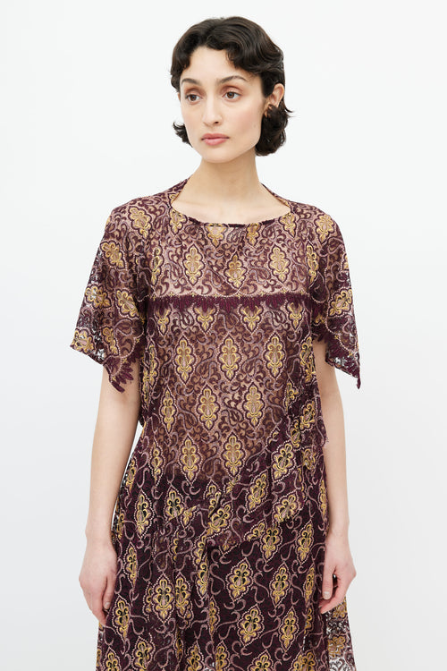 Junya Watanabe Burgundy 
Yellow Lace Embroidery Dress