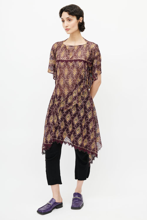 Junya Watanabe Burgundy 
Yellow Lace Embroidery Dress