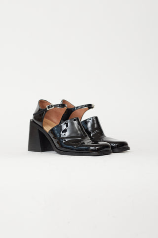 Justine Clenquet Black Patent Leather 
Swarovski Crystal Pin-Buckle Kate Heel